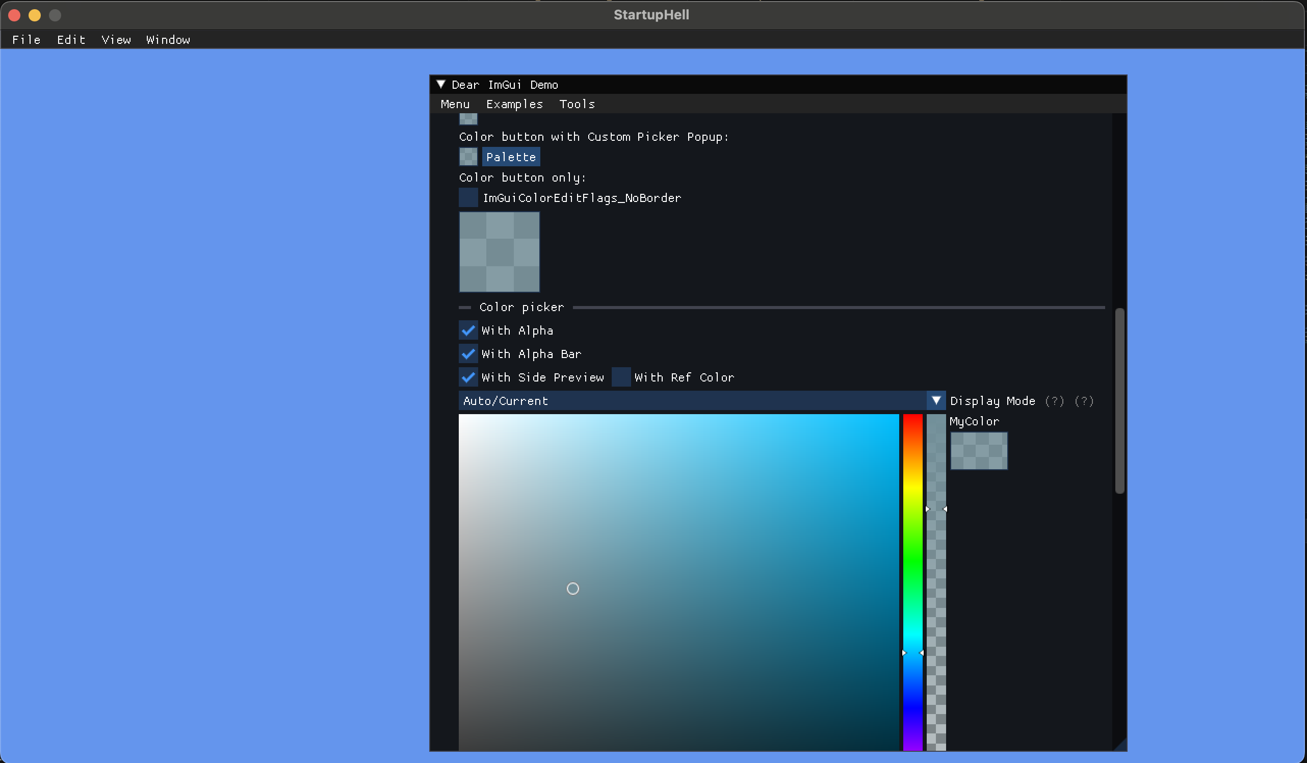 ImGui demo window displaying in a MonoGame application on OSX.