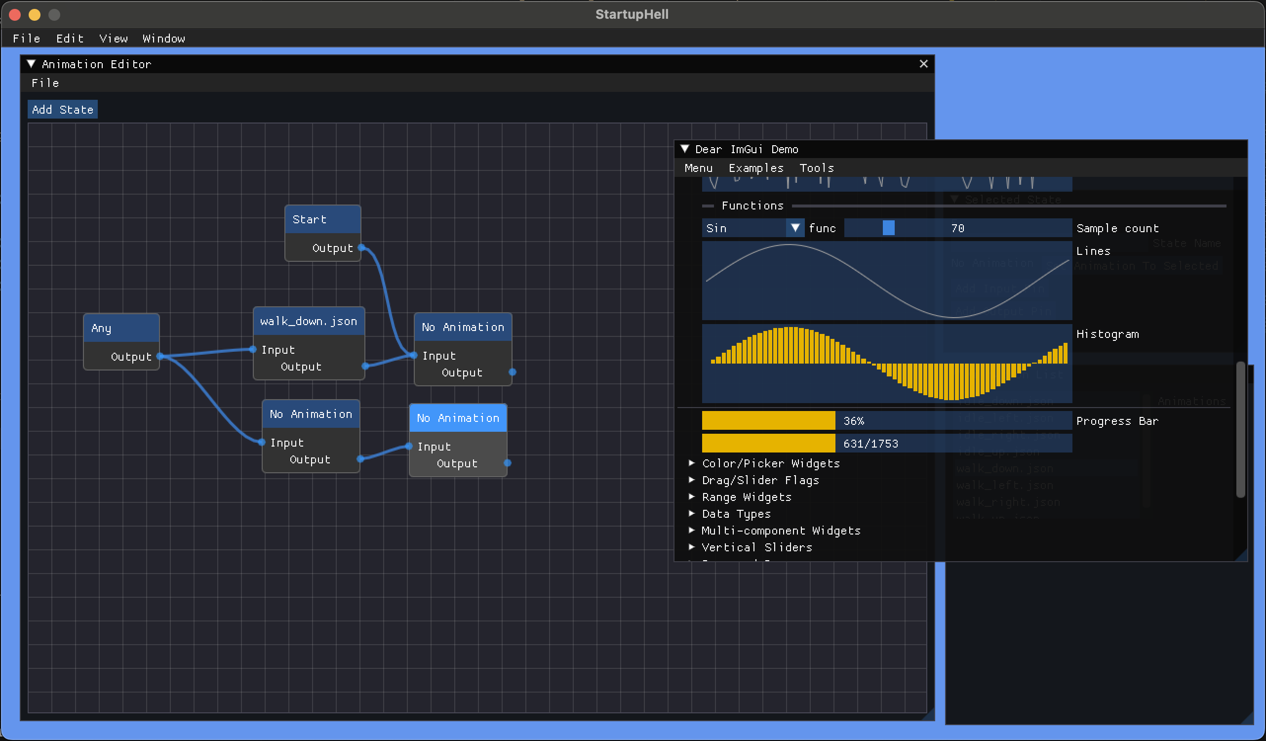 An ImNodes editor displaying in a MonoGame application on OSX.