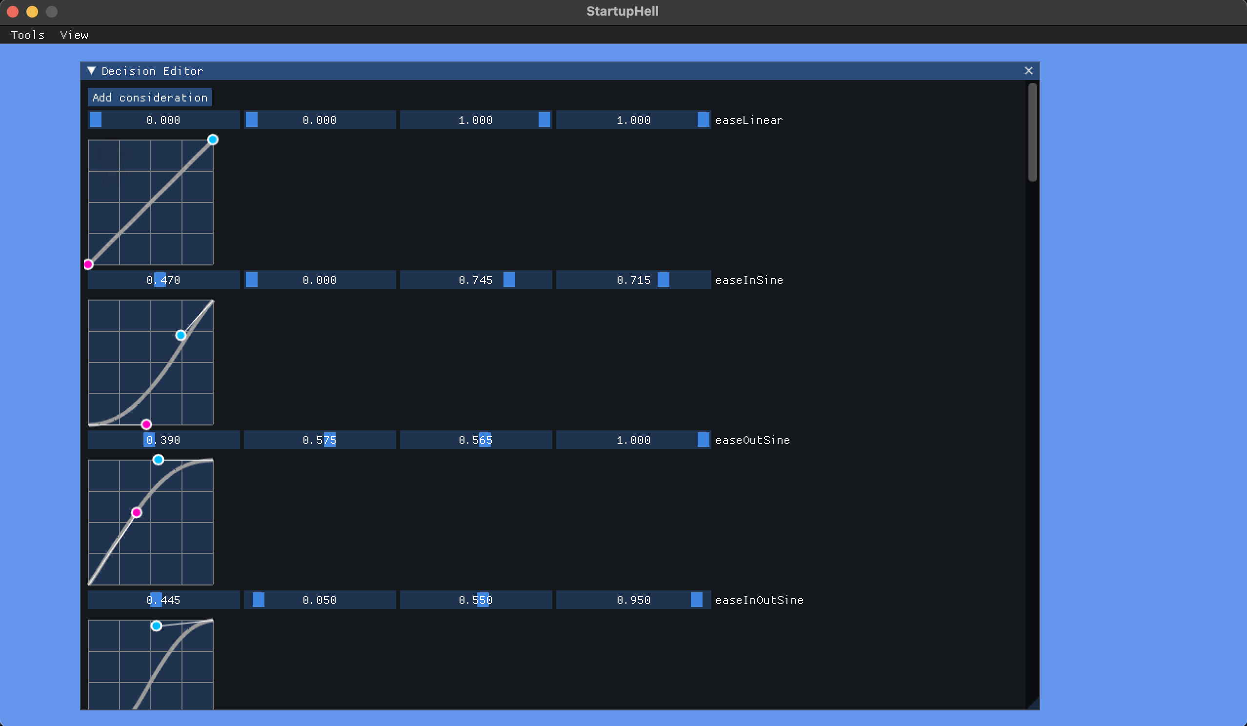 A window with custom bezier curve widgets displaying in a MonoGame application on OSX.